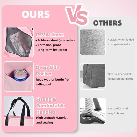 Pink Insulated Lunch Bags for Women Large lunch box, 10.5L x 6W x 11H Inches, Le - Picture 5 of 8